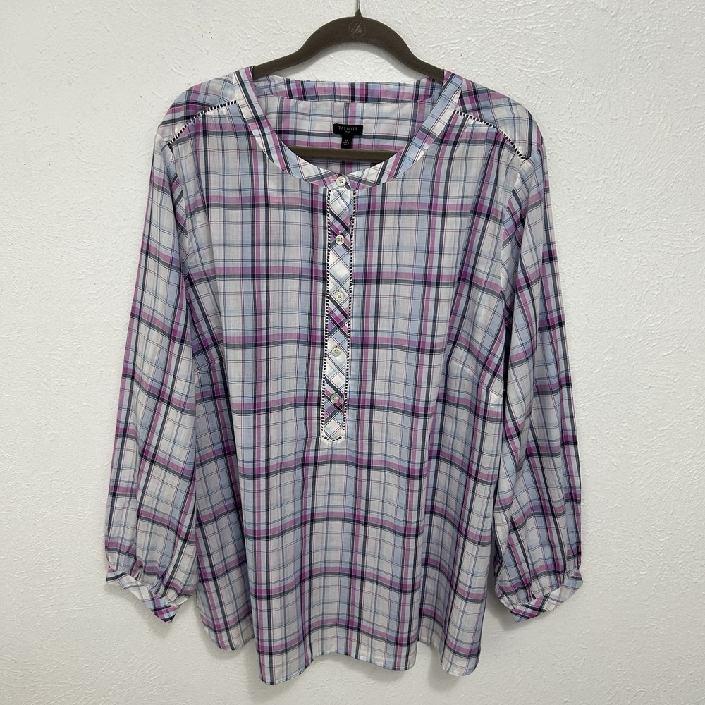 Talbots Blue‎ Plaid Banded Collar Popover Long Sleeve Blouse 3X Country Preppy